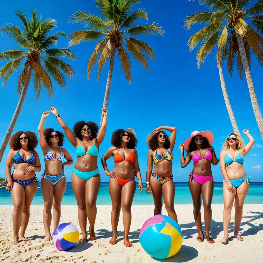 A vibrant beach scene featuring diverse women of various body types confidently wearing trendy bikinis in sunny colors. Include playful beach accessories like sunglasses, beach balls, and flip-flops, along with clear blue waters and palm trees swaying in the background. The atmosphere radiates joy, embracing body positivity and summer fun. bright colors. summer vibes. super-realistic.