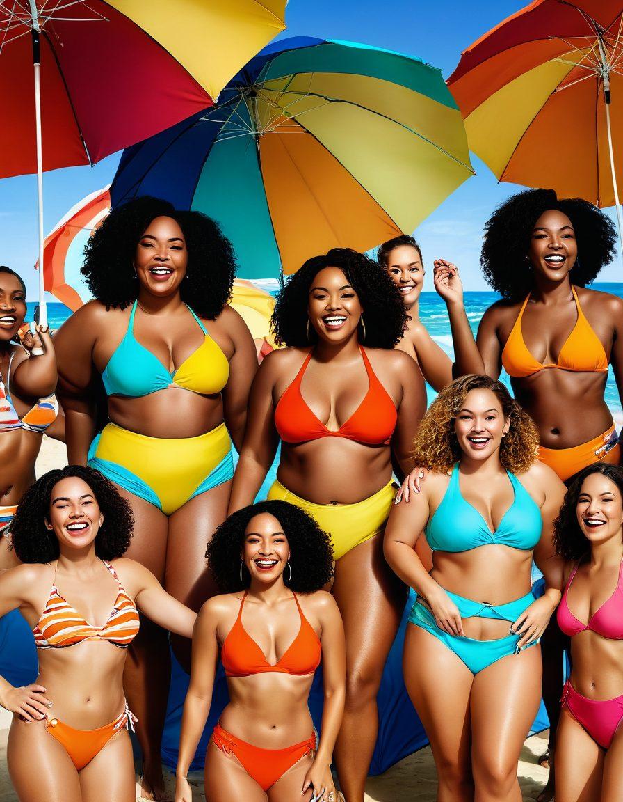 A diverse group of confident individuals proudly showcasing stylish swimwear on a sunny beach, with vibrant umbrellas and playful waves in the background. They are laughing and engaging with each other, embodying body positivity and self-love. The scene is filled with bright colors and a joyful atmosphere, highlighting the latest swimwear trends. super-realistic. vibrant colors. soft sunlight.